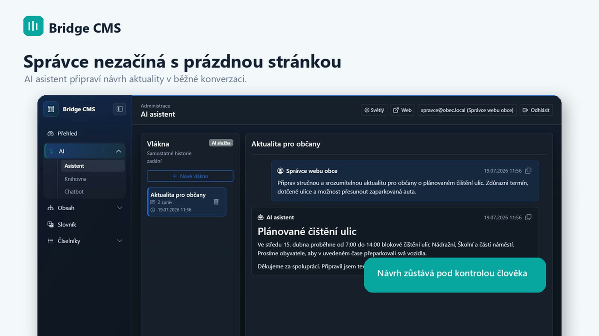 AI-Assistent in Bridge CMS erstellt eine Meldung